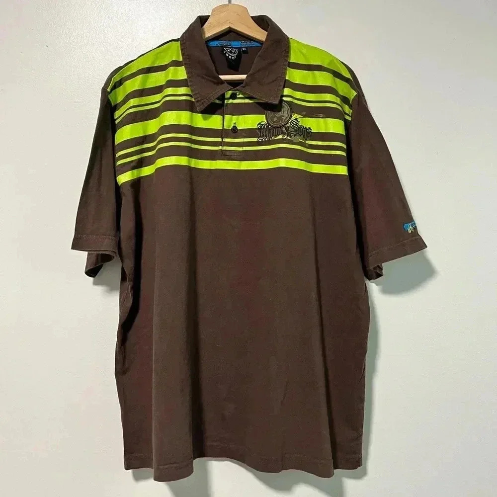Maui and Sons Brown & Neon Green Striped Polo Shirt - Size XL, Vintage Surf